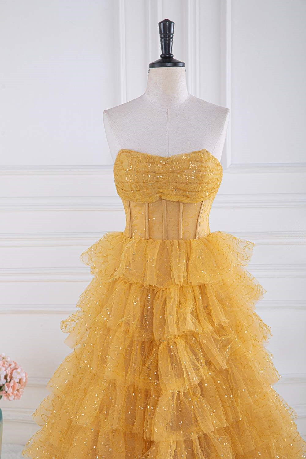 Yellow Sequined Strapless Layers A-line Gemmanovae Long Prom Dress