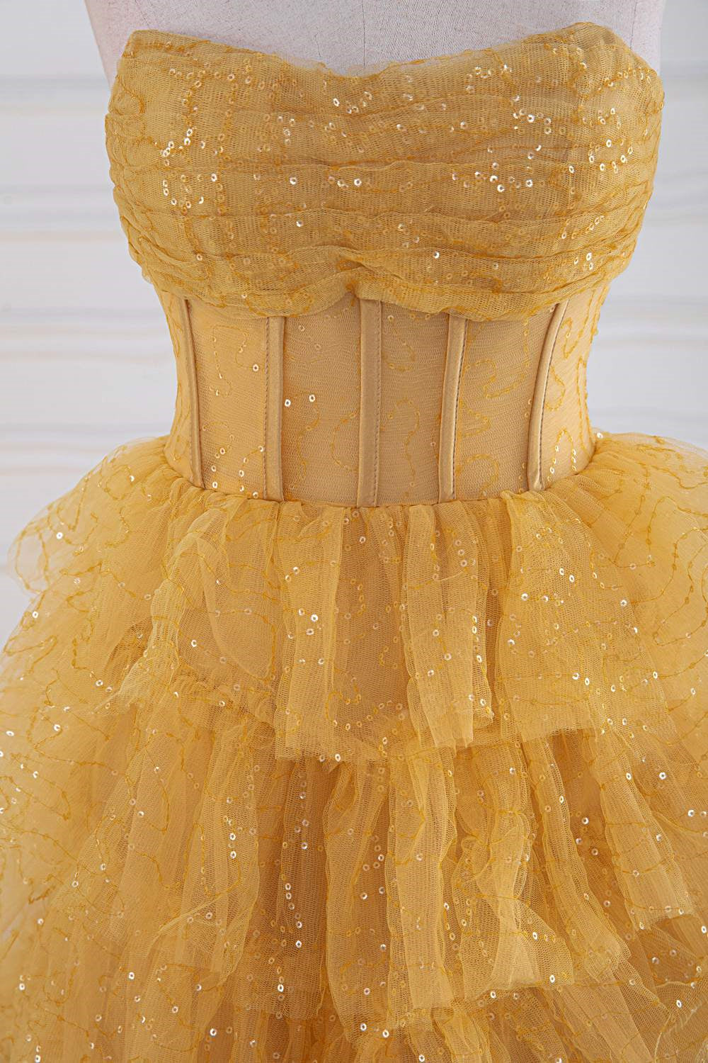 Yellow Sequined Strapless Layers A-line Gemmanovae Long Prom Dress