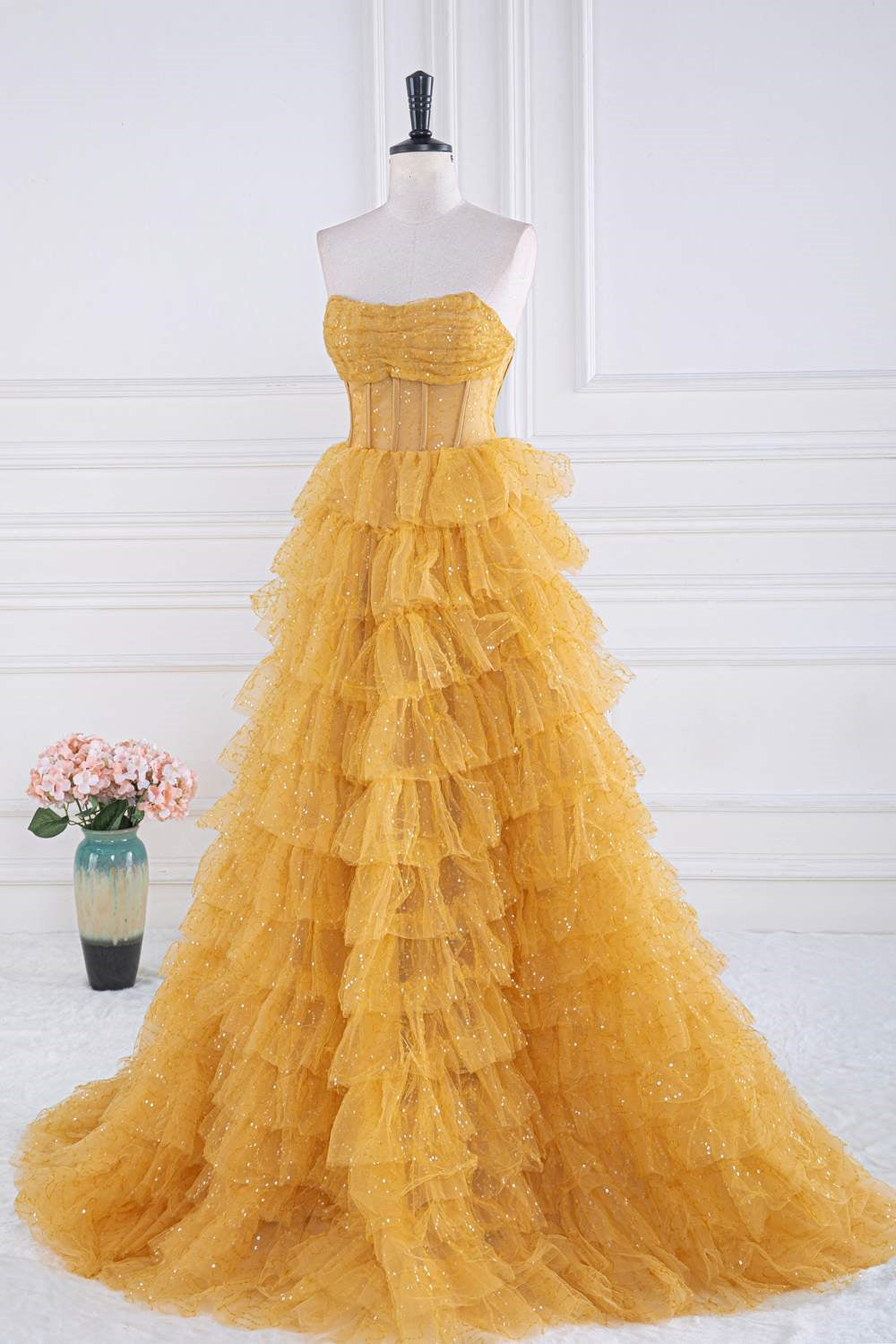 Yellow Sequined Strapless Layers A-line Gemmanovae Long Prom Dress