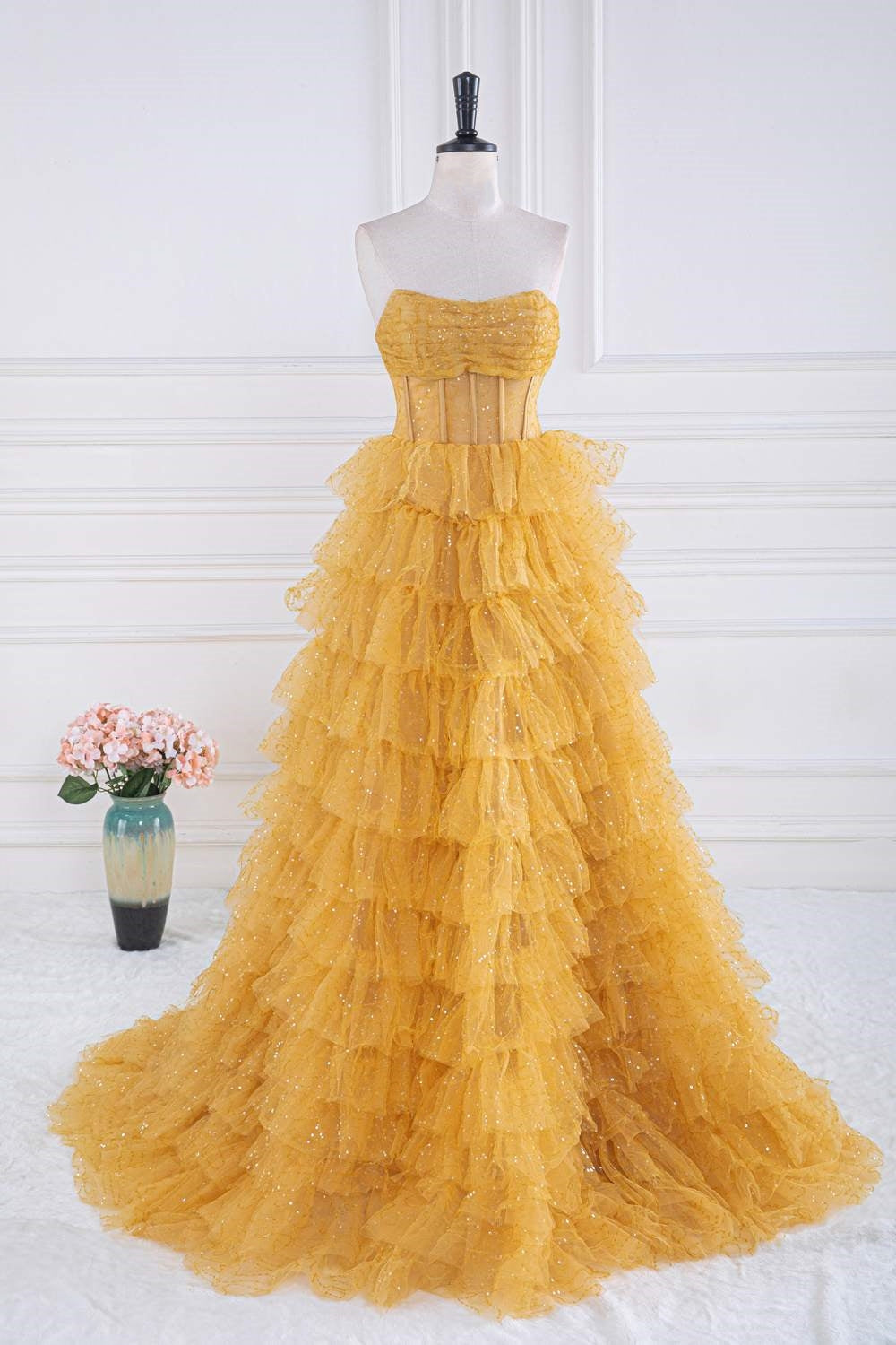 Yellow Sequined Strapless Layers A-line Gemmanovae Long Prom Dress