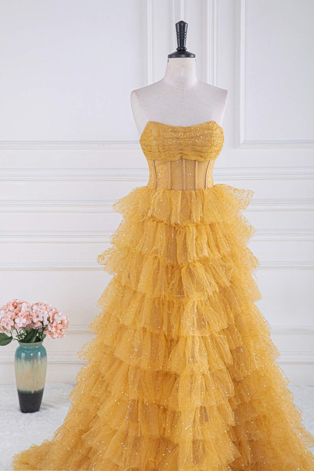 Yellow Sequined Strapless Layers A-line Gemmanovae Long Prom Dress