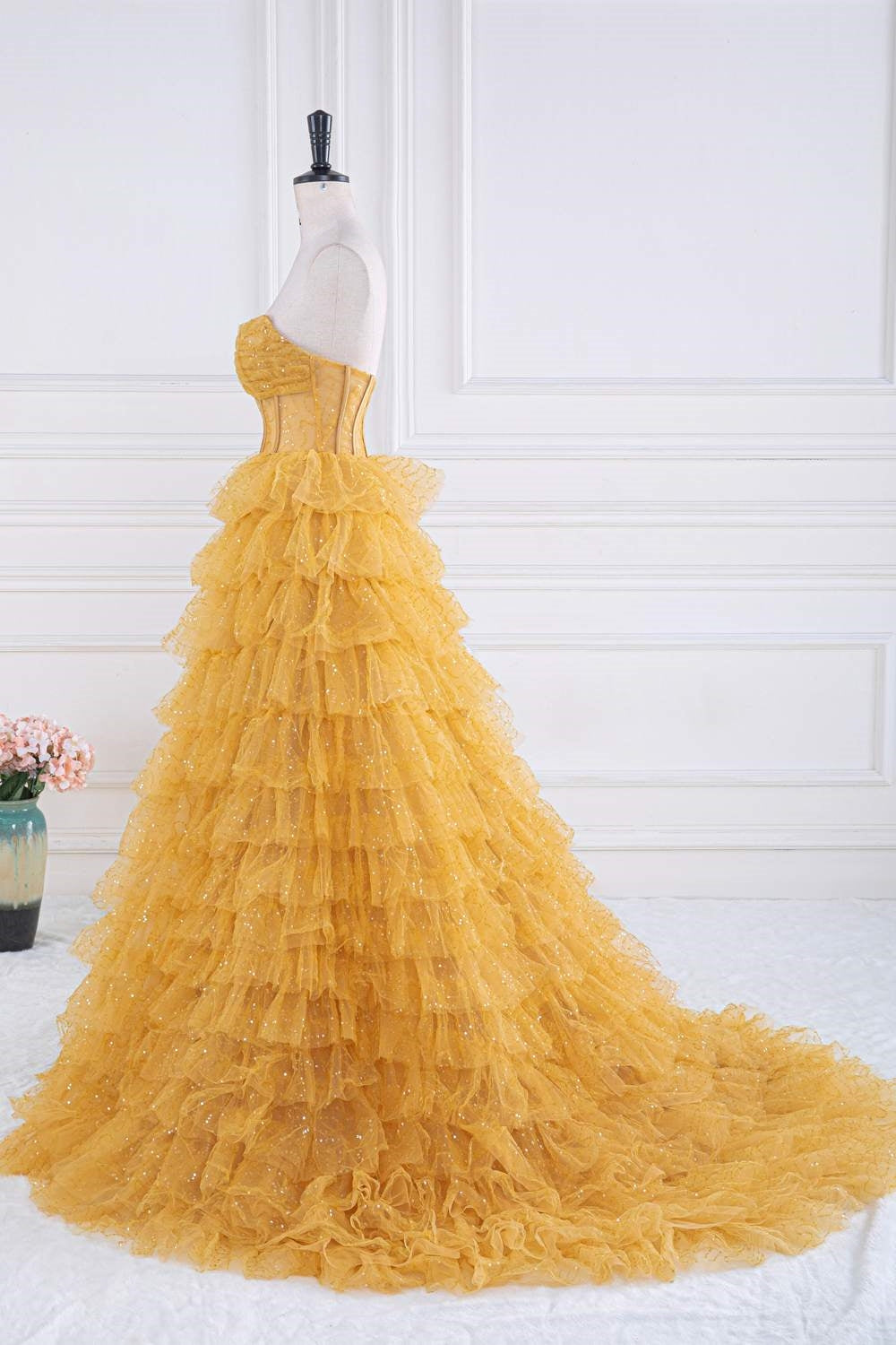 Yellow Sequined Strapless Layers A-line Gemmanovae Long Prom Dress