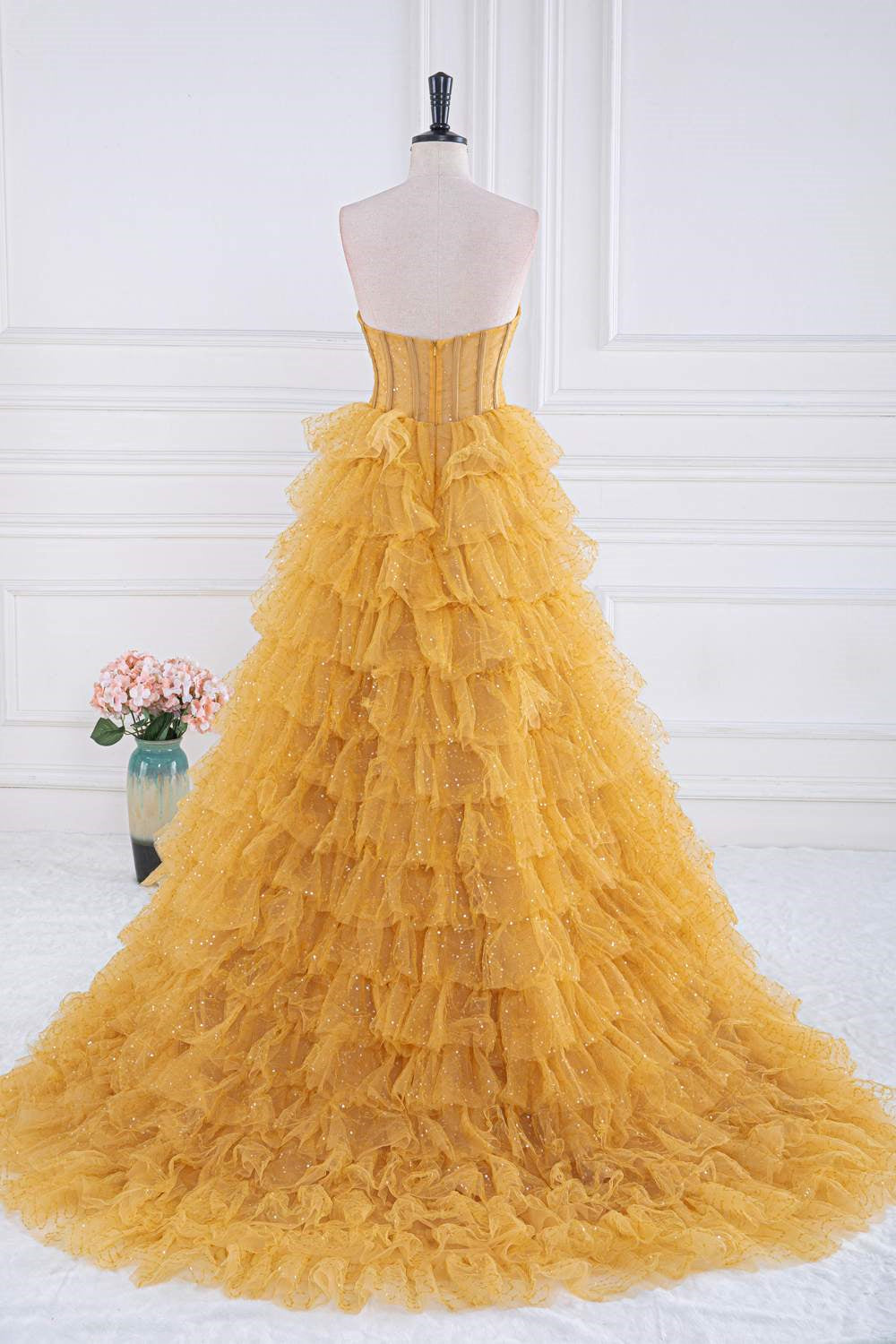 Yellow Sequined Strapless Layers A-line Gemmanovae Long Prom Dress