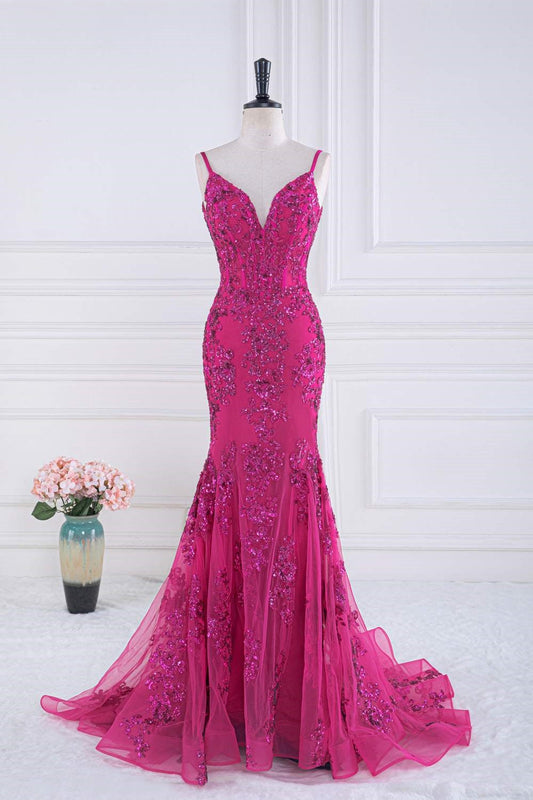 Gemmanovae Fuchsia V Neck Sequined Mermaid Slip Long Prom Dress