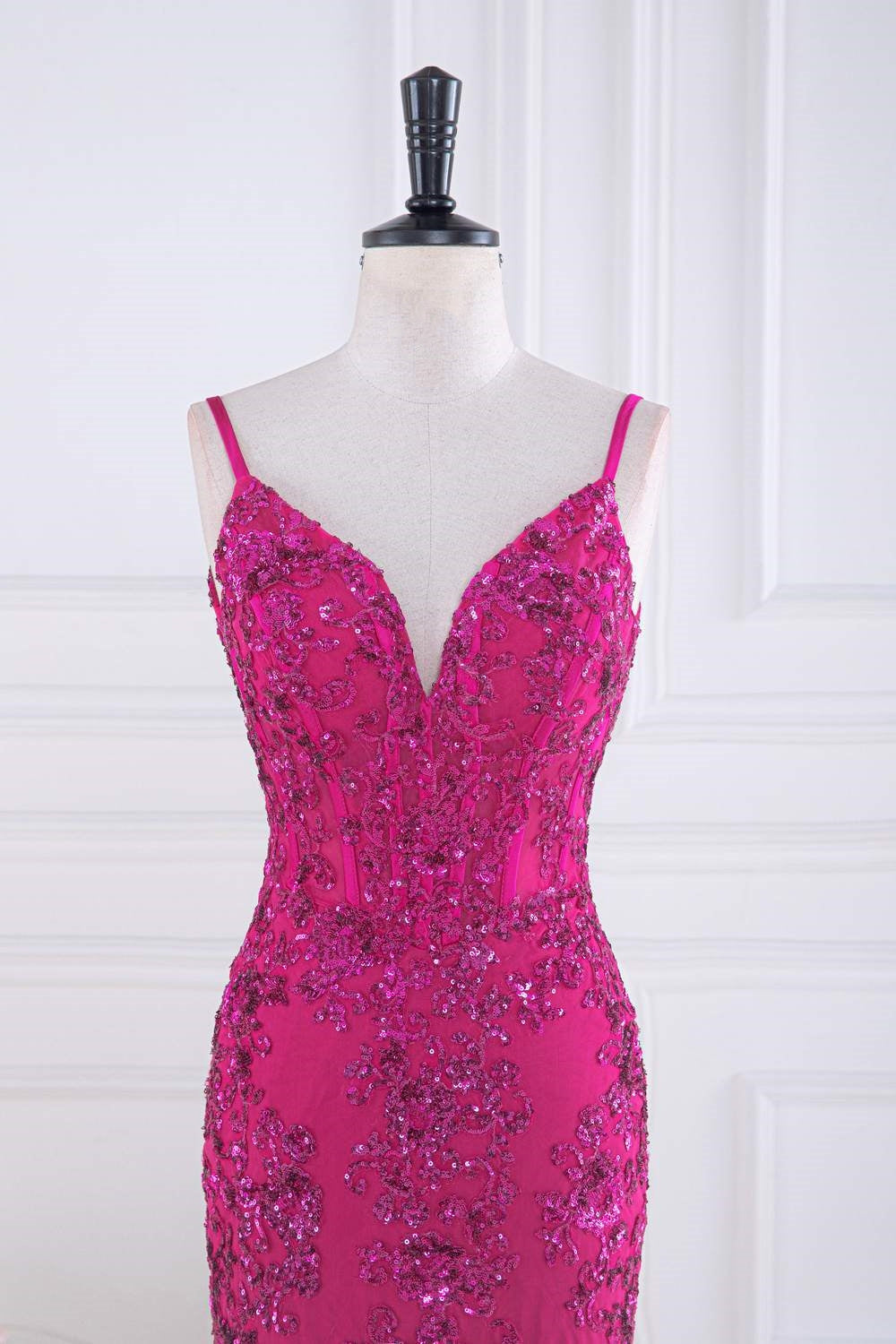 Gemmanovae Fuchsia V Neck Sequined Mermaid Slip Long Prom Dress