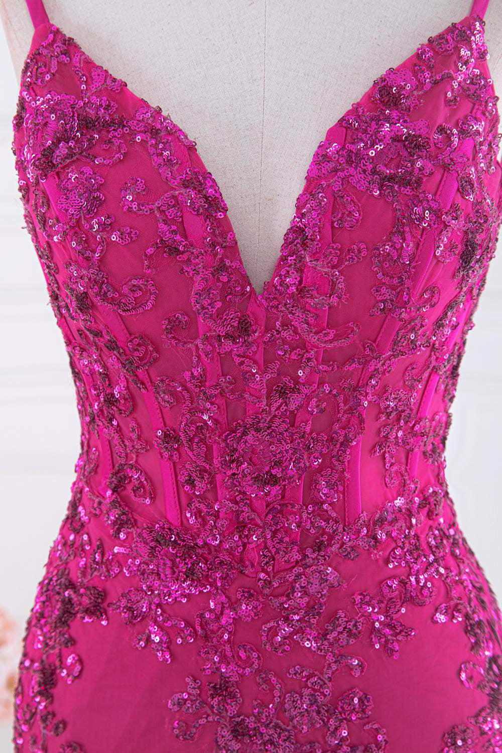 Gemmanovae Fuchsia V Neck Sequined Mermaid Slip Long Prom Dress