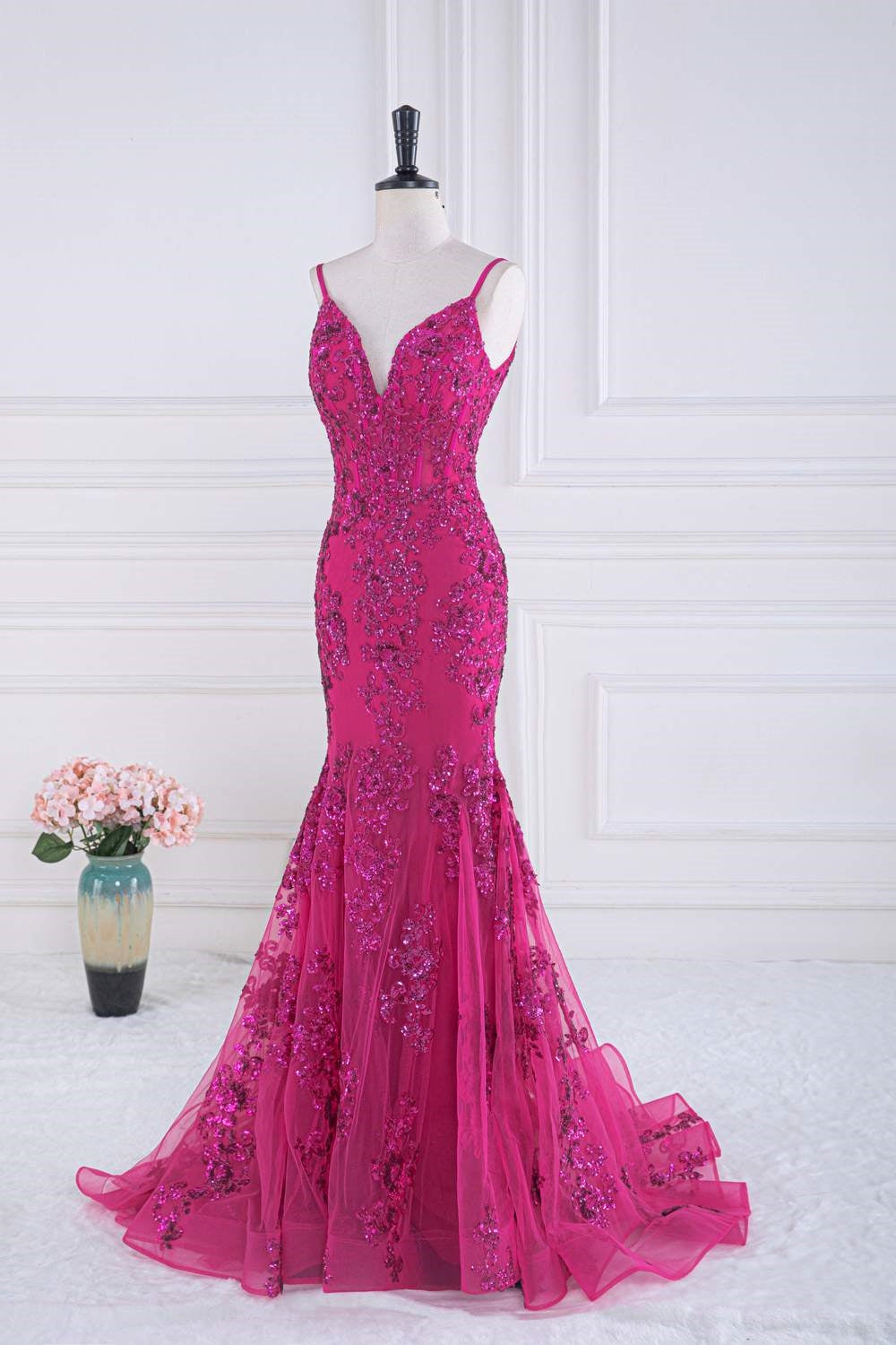 Gemmanovae Fuchsia V Neck Sequined Mermaid Slip Long Prom Dress