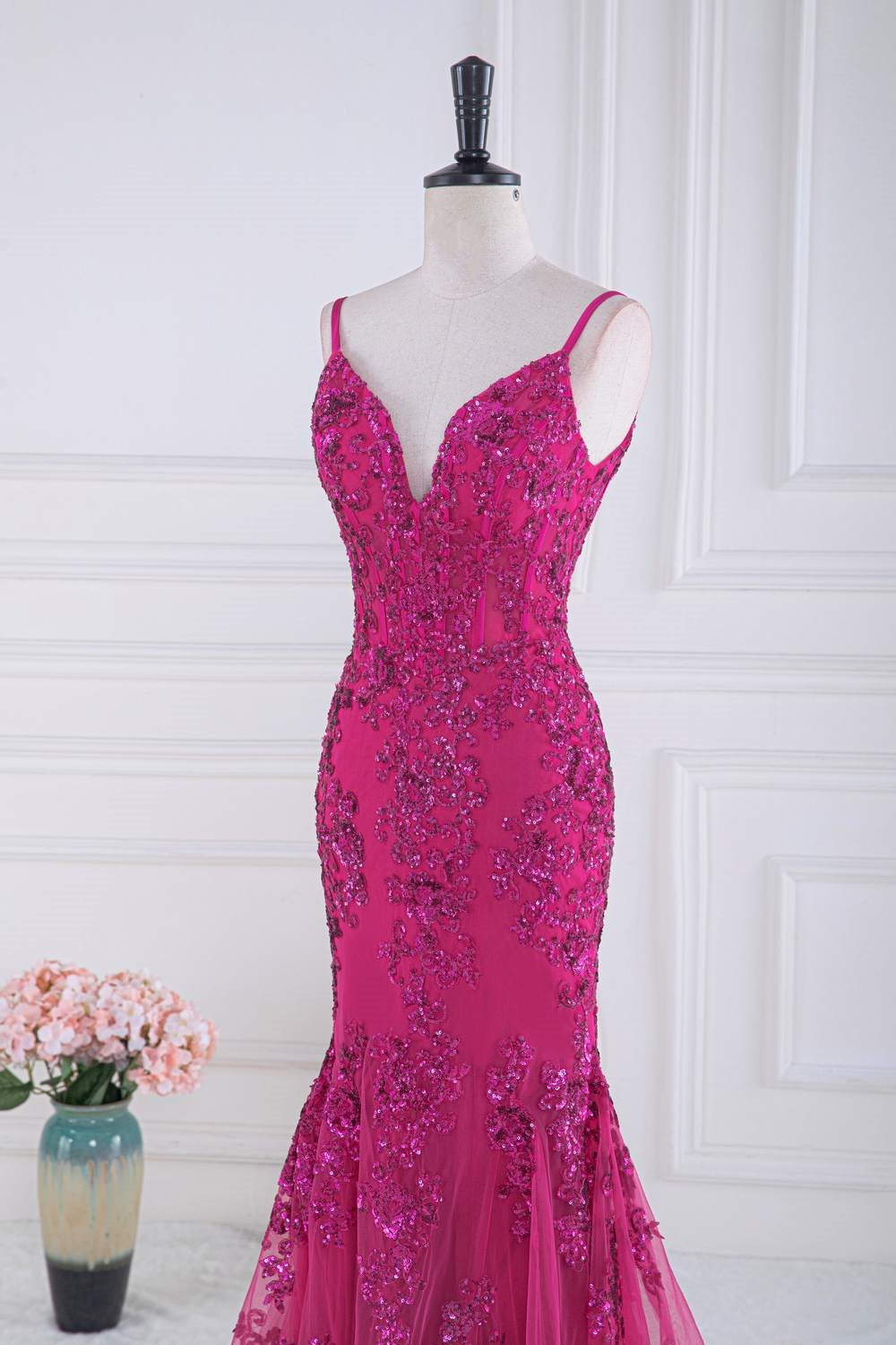 Gemmanovae Fuchsia V Neck Sequined Mermaid Slip Long Prom Dress