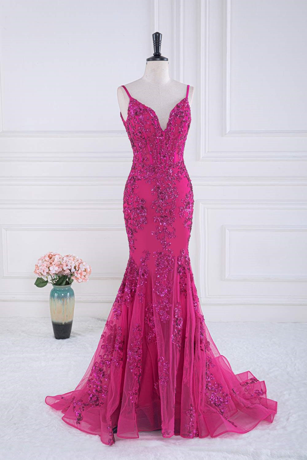 Gemmanovae Fuchsia V Neck Sequined Mermaid Slip Long Prom Dress