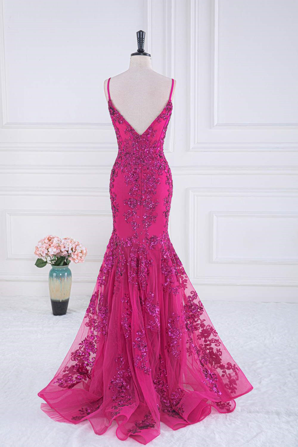 Gemmanovae Fuchsia V Neck Sequined Mermaid Slip Long Prom Dress