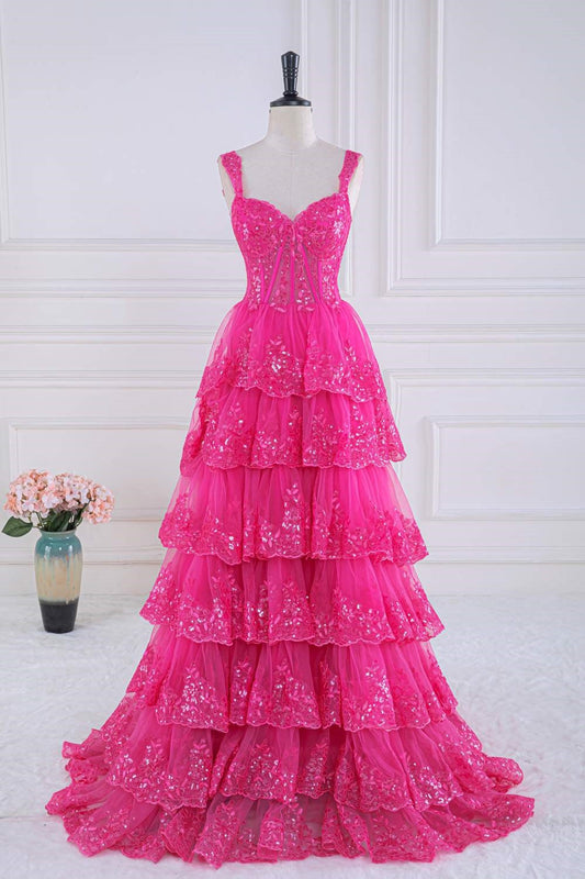 Hot Pink Layers Sequined Floral Gemmanovae Long Prom Dress