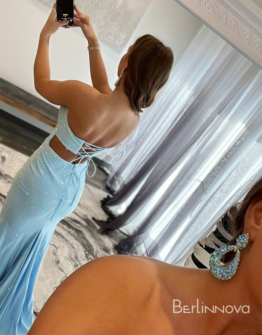 Sexy Tight Strapless Light Blue Long Prom Dress