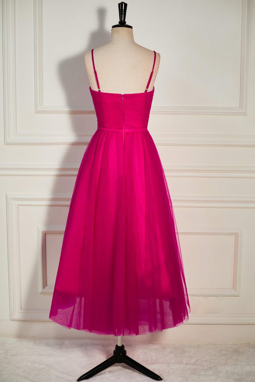 Gemmanovae Fuchsia Straps A-line Tulle Tea-Length Prom Dress