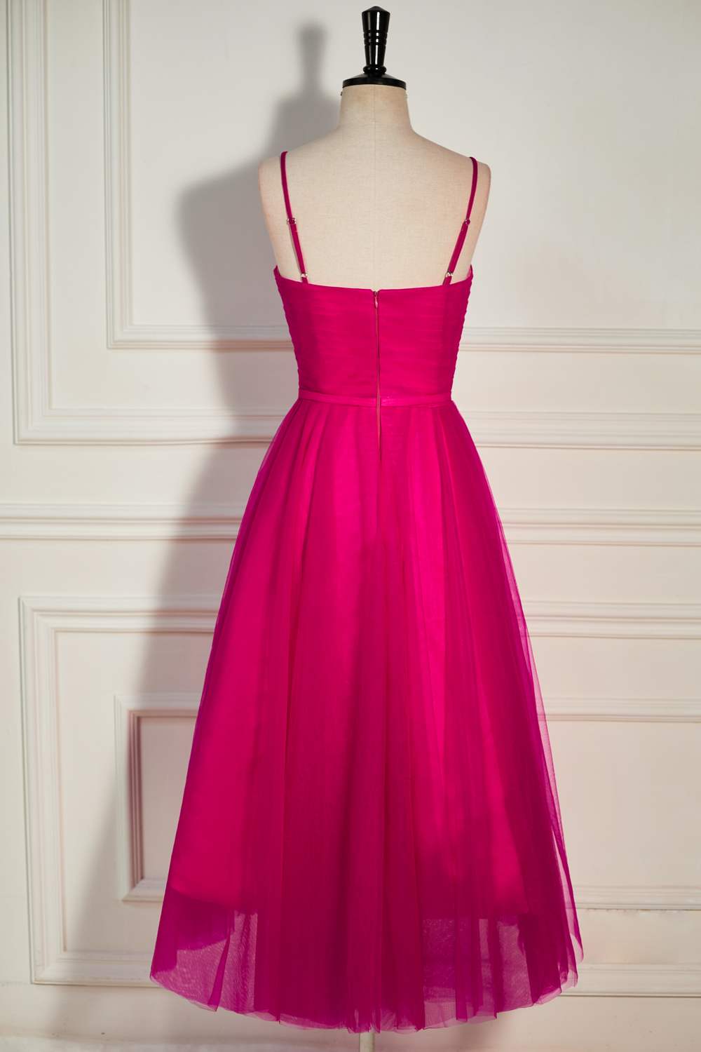 Gemmanovae Fuchsia Straps A-line Tulle Tea-Length Prom Dress