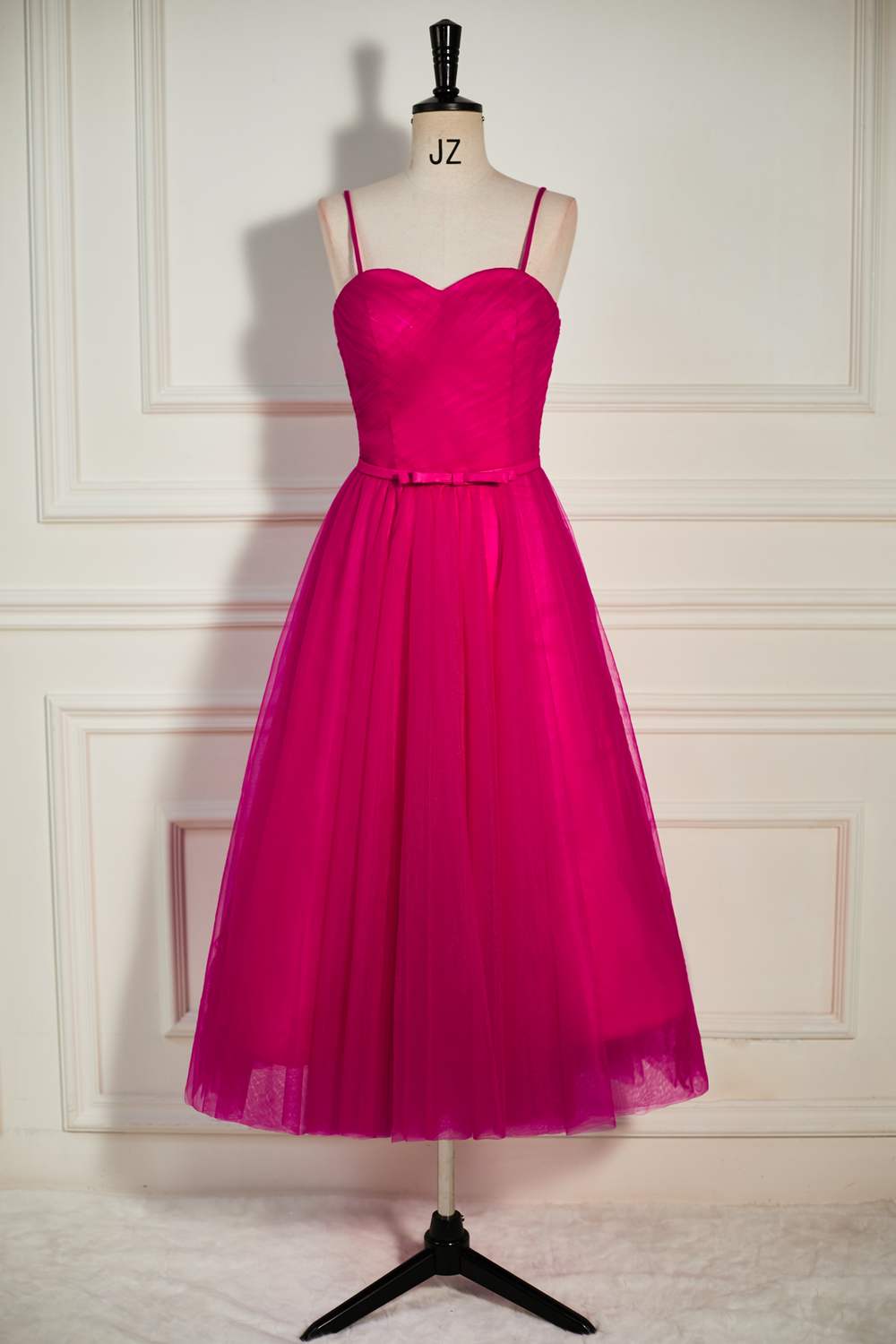 Gemmanovae Fuchsia Straps A-line Tulle Tea-Length Prom Dress