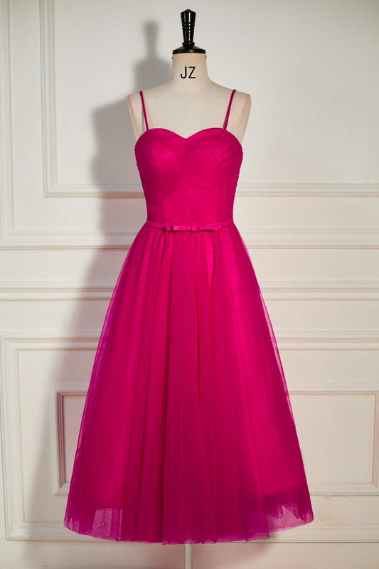 Gemmanovae Fuchsia Straps A-line Tulle Tea-Length Prom Dress