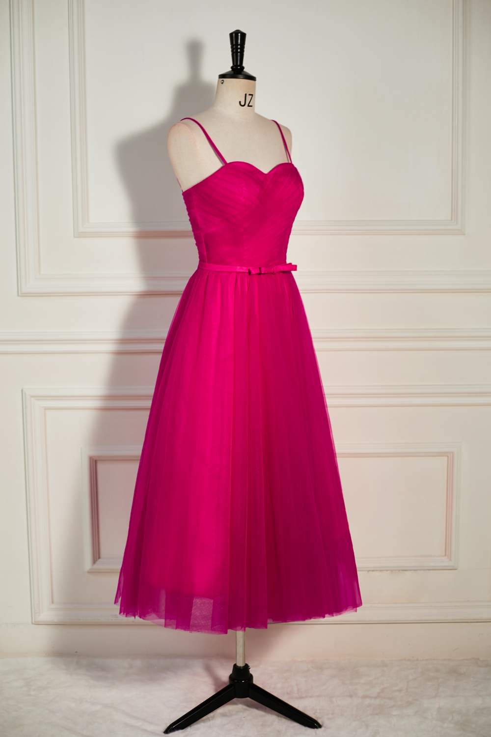 Gemmanovae Fuchsia Straps A-line Tulle Tea-Length Prom Dress