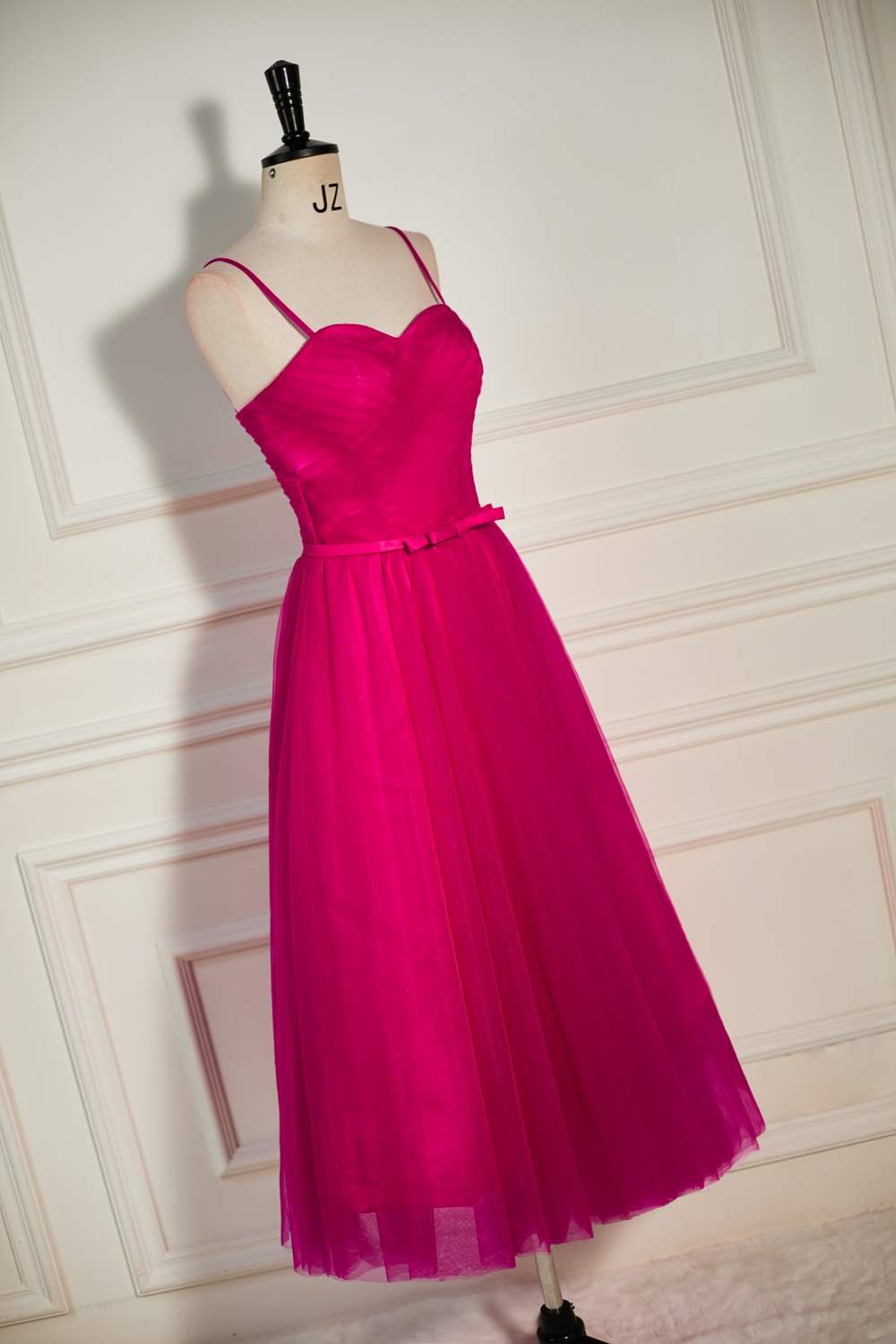 Gemmanovae Fuchsia Straps A-line Tulle Tea-Length Prom Dress