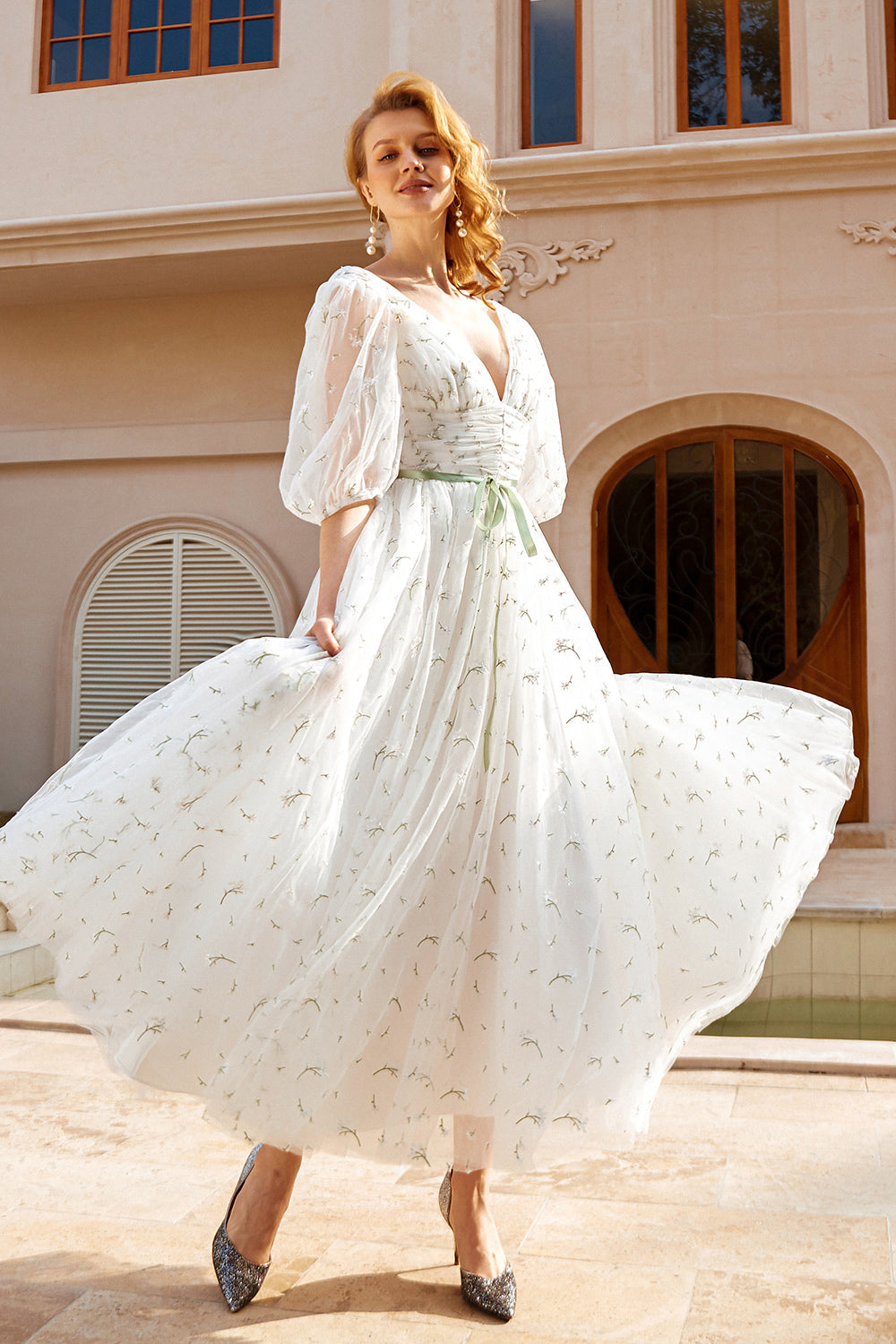 Print Tulle Midi Wedding Dress