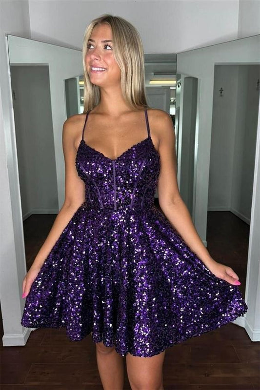 Purple Sequin A-line Short Gemmanovae Homecoming Dress