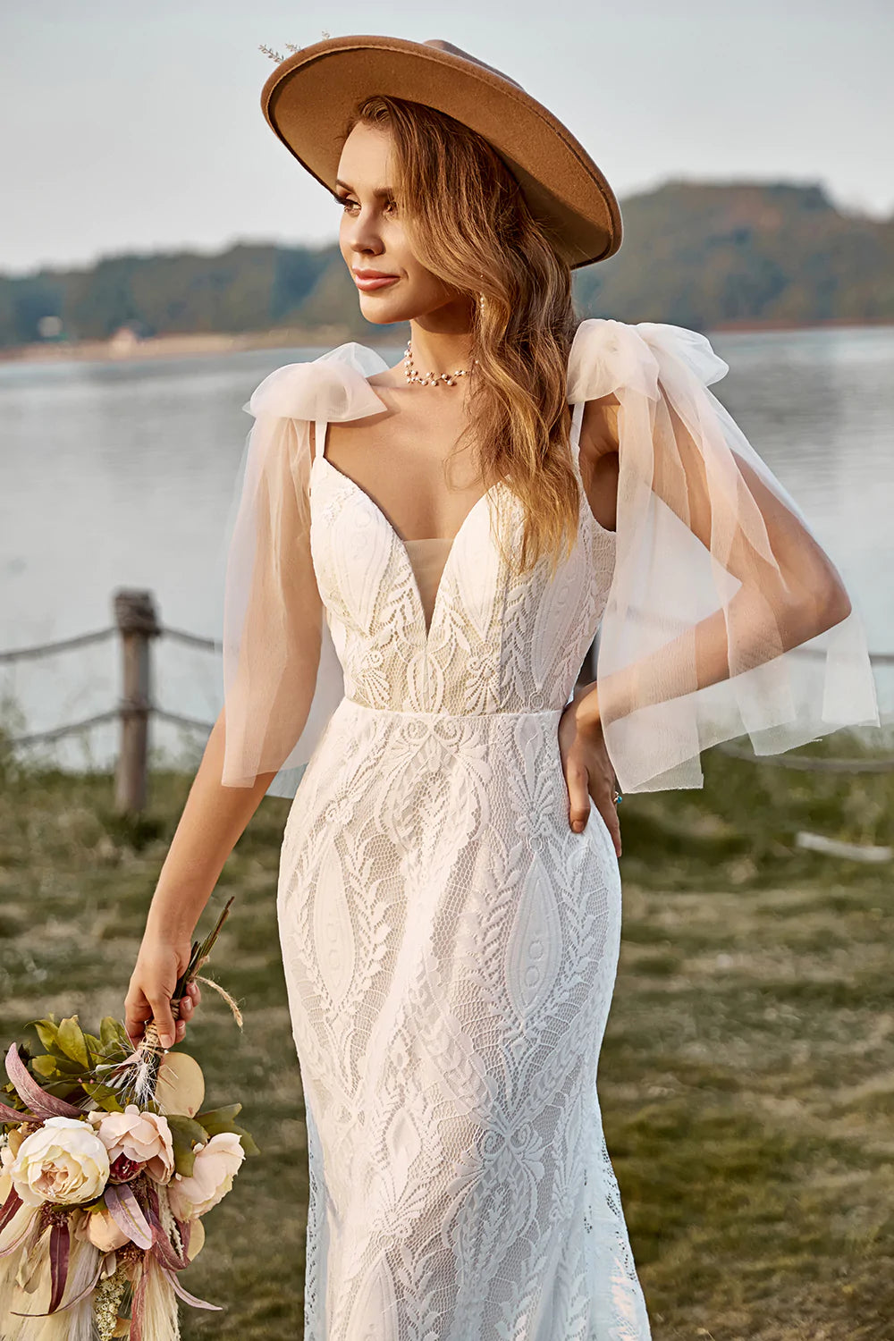 Ivory Mermaid Lace Sweep Train Boho Wedding Dress With Bowknots