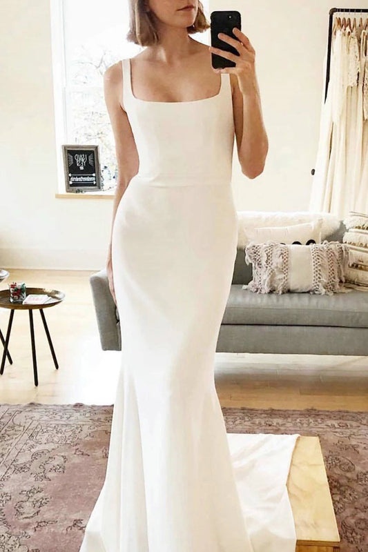 Mermaid Square Neck White Wedding Dress with Sweep Train