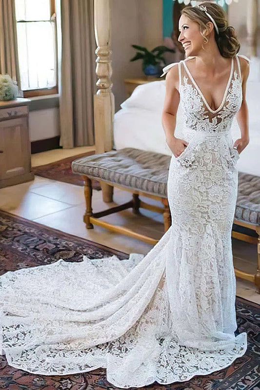 Deep V-Neck Lace Wedding Dress With Sweep Train