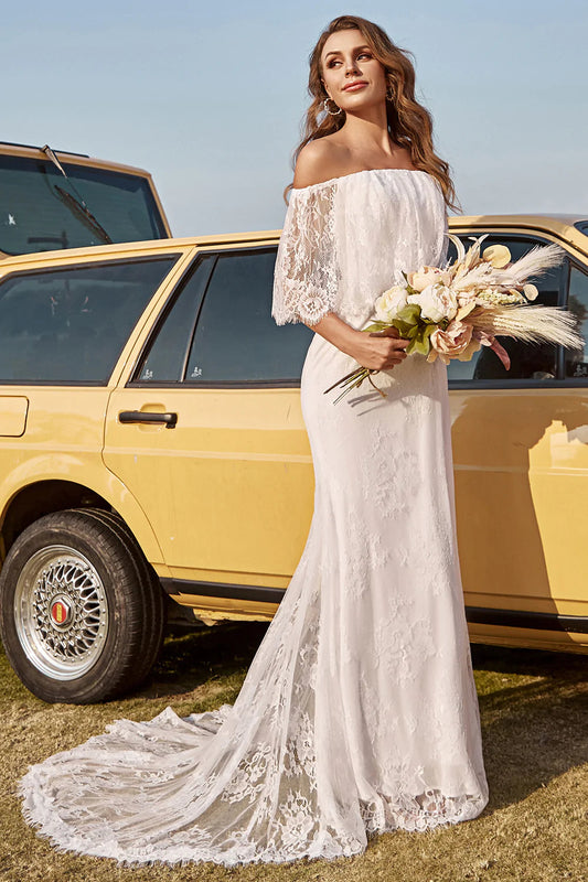 Ivory Mermaid Off The Shoulder Lace Boho Wedding Dress With Sweep Train