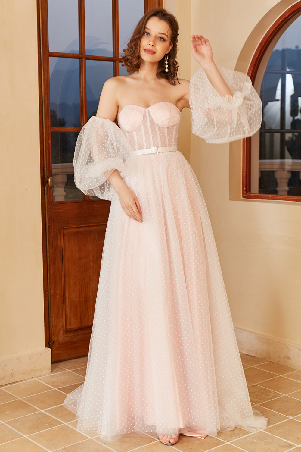 Pink Polka Dots Wedding Dress with Puff Sleeves