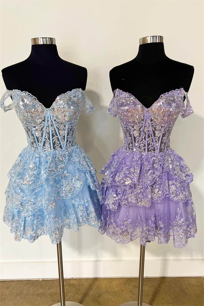 Off the Shoulder Lavender Sequin Ruffle Gemmanovae Short Homecoming Dress