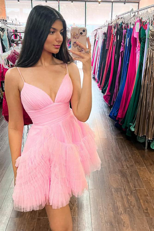 Cute A Line V Neck Pink Tulle Short Homecoming Dresses