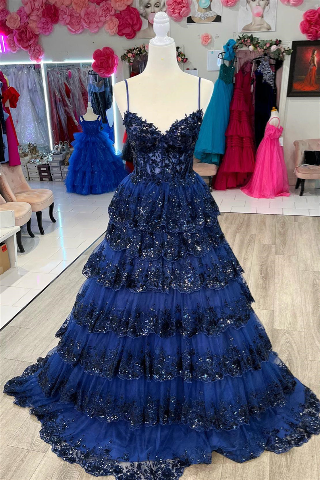 Dark Navy Spaghetti Straps Layers Sequined Floral Long Prom Dress