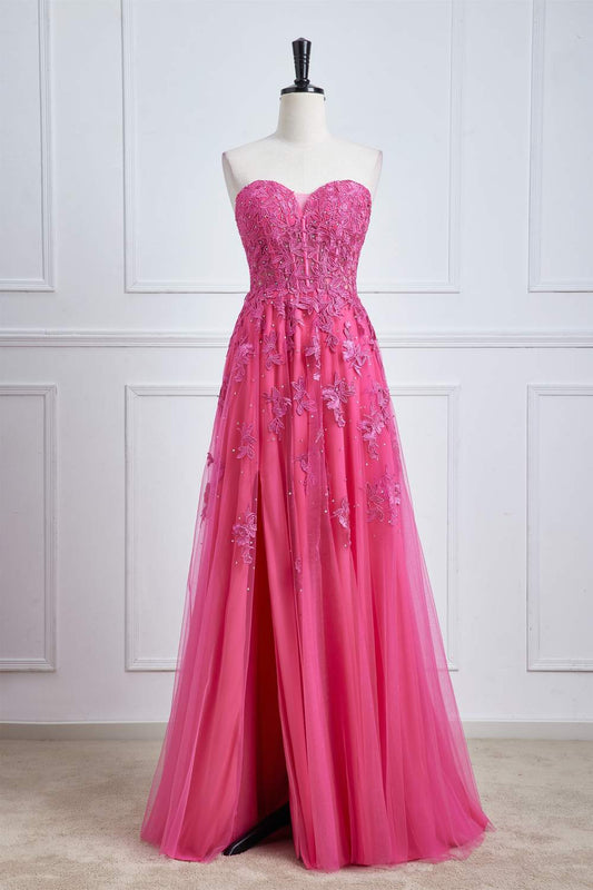 Hot Pink Strapless A-line Floral Long Gemmanovae Prom Dress with Slit