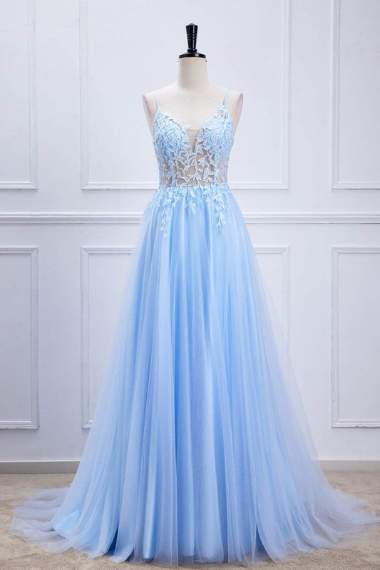 Light Blue Lace-Up Appliques A-line Gemmanovae Long Prom Dress