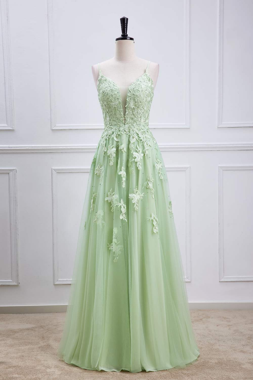 Sage Green Plunging V Neck Lace-Up Appliques Gemmanovae Long Prom Dress