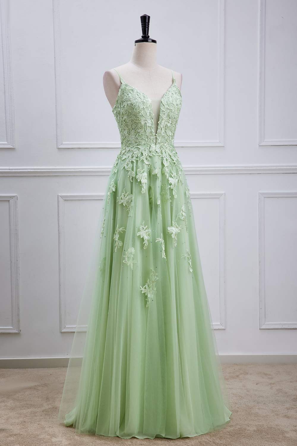 Sage Green Plunging V Neck Lace-Up Appliques Gemmanovae Long Prom Dress