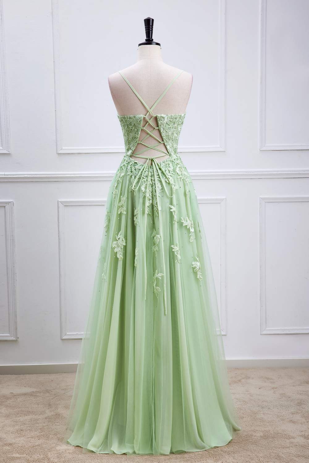 Sage Green Plunging V Neck Lace-Up Appliques Gemmanovae Long Prom Dress