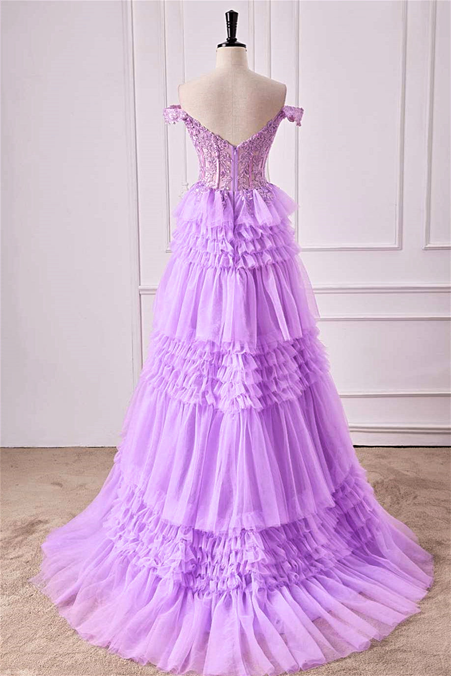 Lavender Off-Shoulder Floral Layers A-line Gemmanovae Long Prom Dress