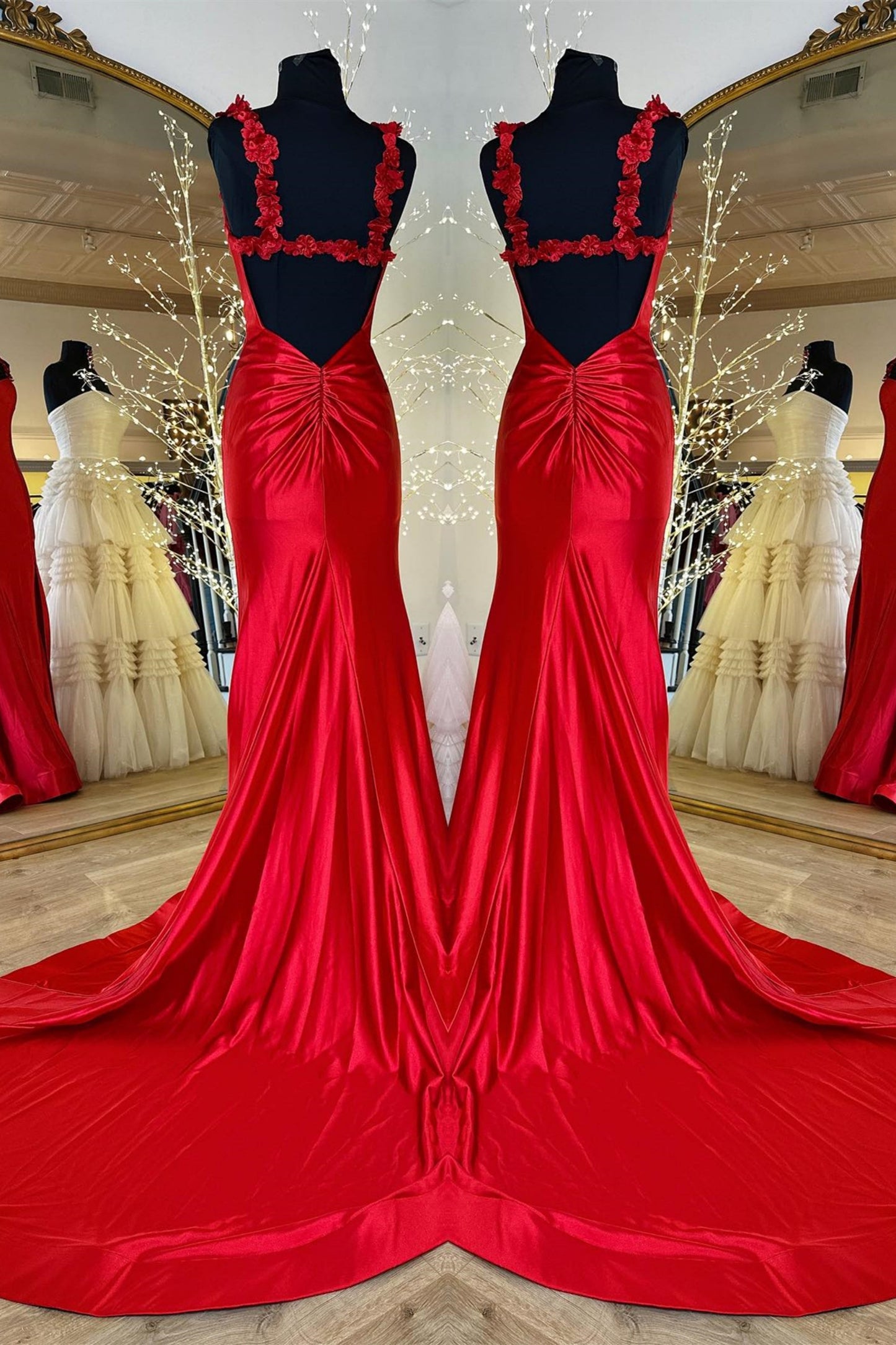 Red Flower Straps Mermaid Satin GemmanovaeLong Prom Dress with Slit