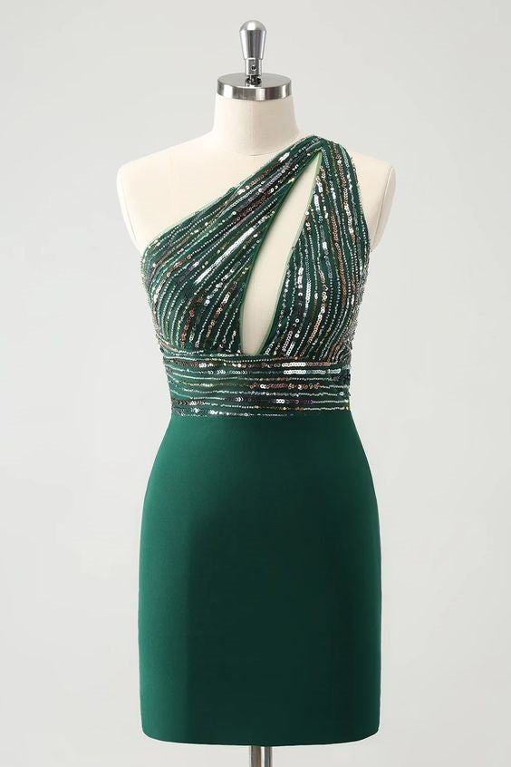 Sparkly Dark Green Bodycon One Shoulder Pleated Short Gemmanovae Homecoming Dress with Sequins