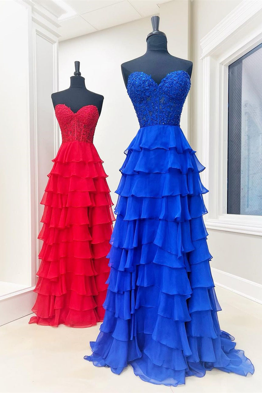 Royal Blue Appliques Strapless A-line Layers Gemmanovae Long Prom Dress