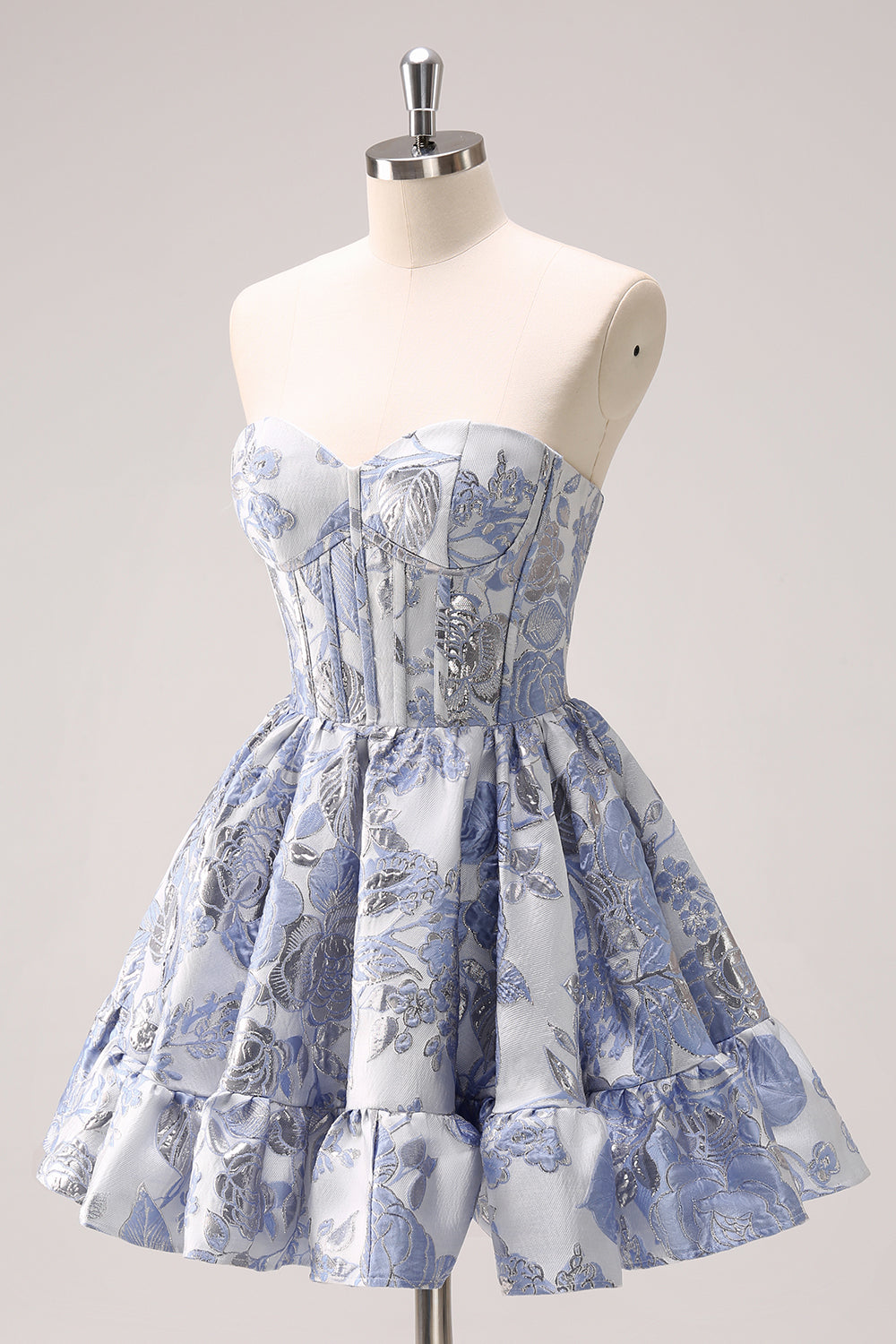 Blue Strapless Flower Printed A-Line Corset Short Homecoming Dress With Ruffles