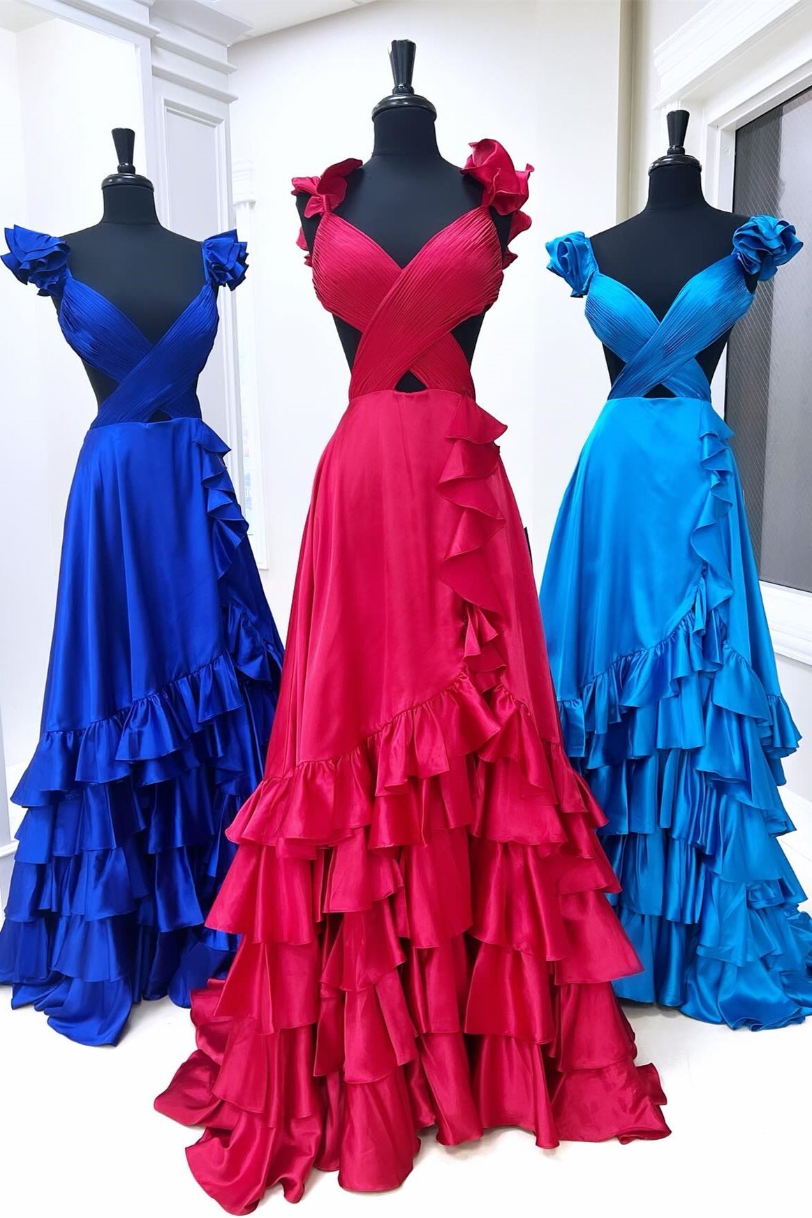 Gemmanovae Fuchsia Crossed Top Ruffled Layers Long Prom Dress with Slit