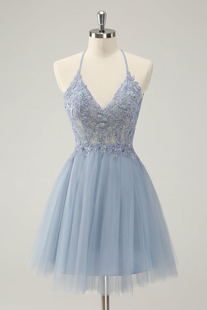 Sparkly Dusty Blue A Line Halter Gemmanovae Homecoming Dress with Appliques