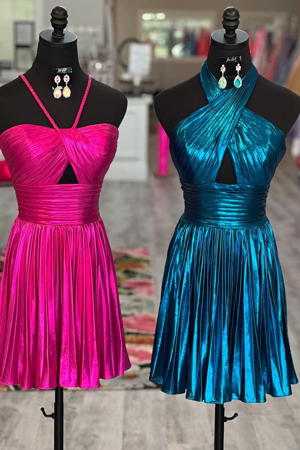 A-line Halter Metallic Homecoming Dresses With Pleats