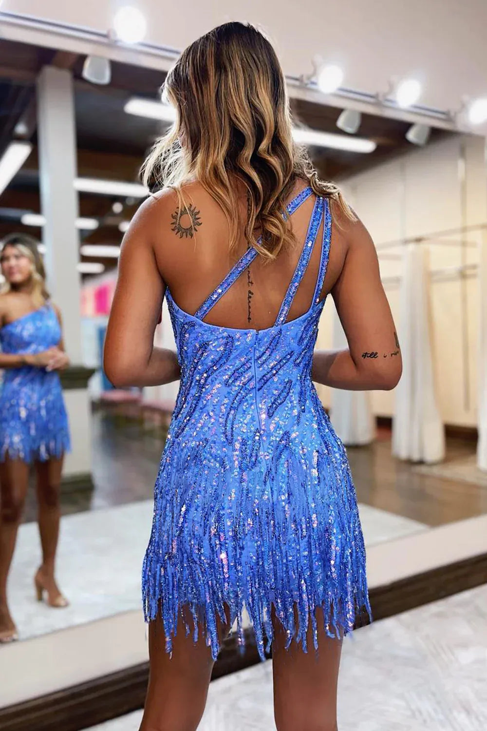 Sheath One Shoulder Blue Sequins Short Homecoming Dress with Tassel