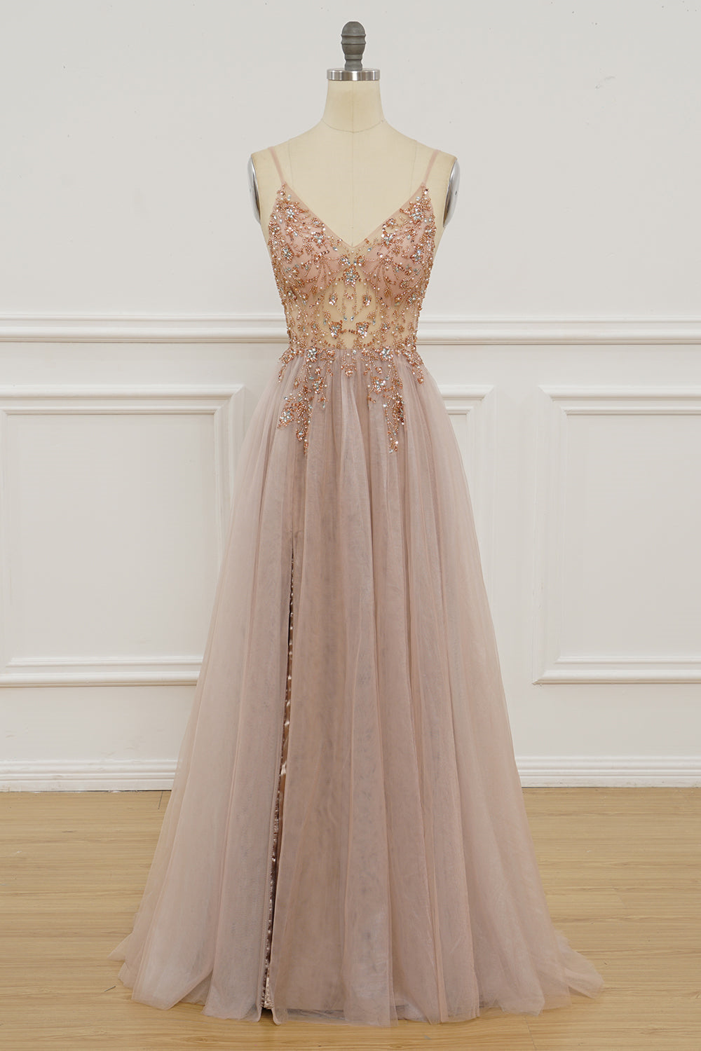 Blush Pink Deep V Neck Beading-Embroidered Long Prom Dress with Slit