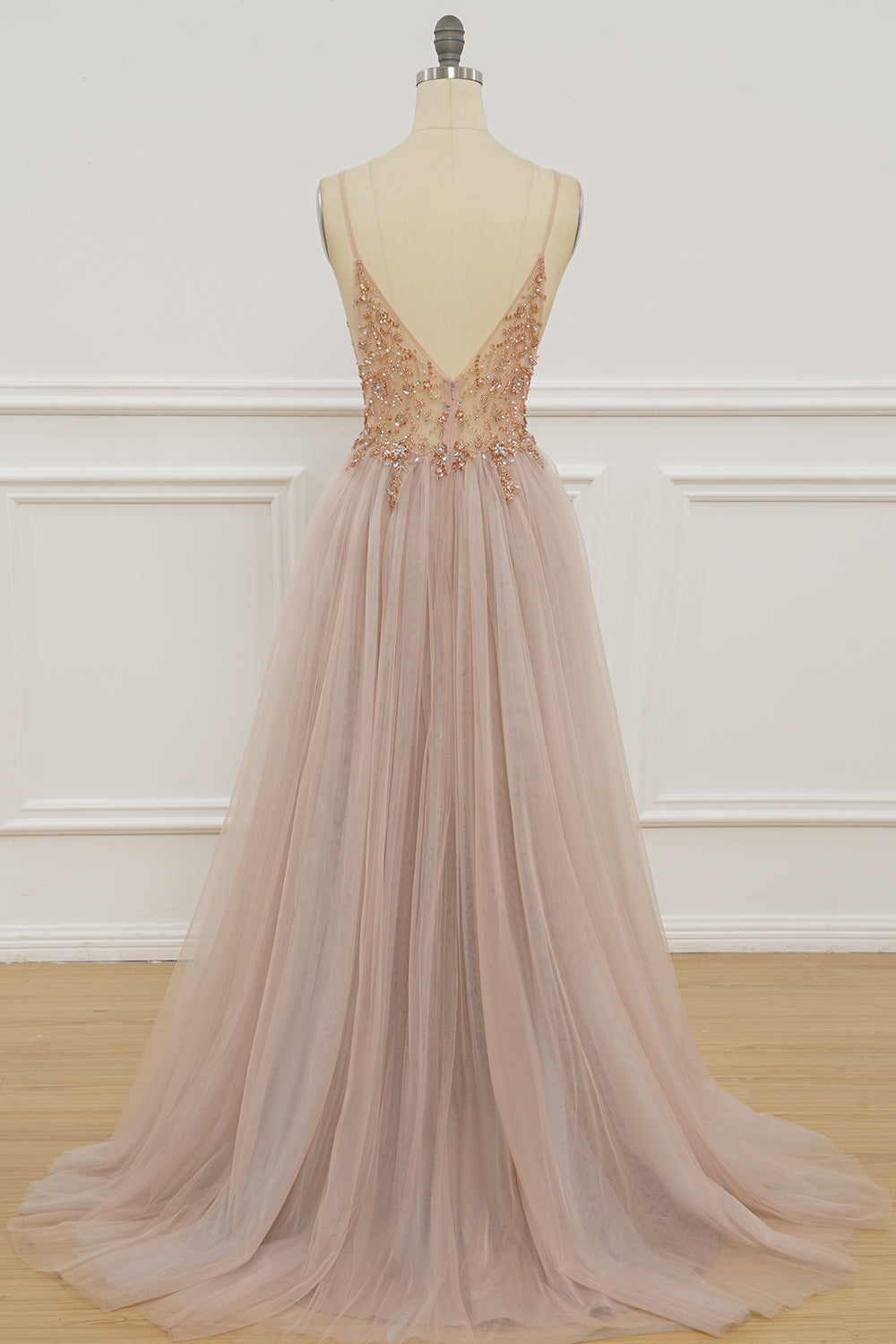 Blush Pink Deep V Neck Beading-Embroidered Long Prom Dress with Slit