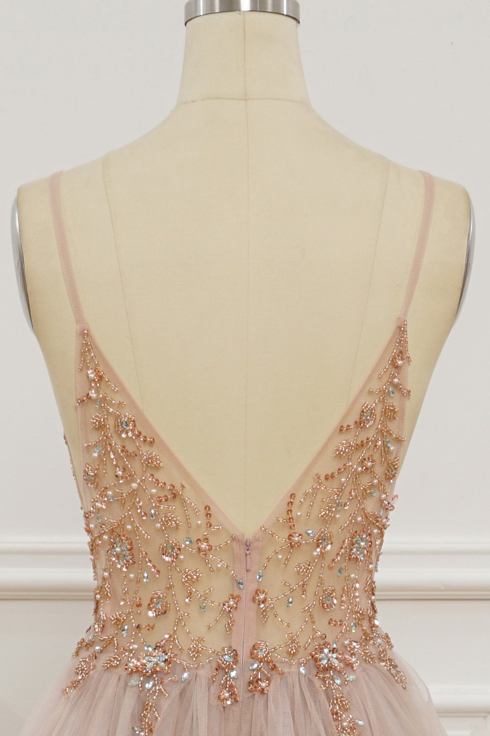 Blush Pink Deep V Neck Beading-Embroidered Long Prom Dress with Slit