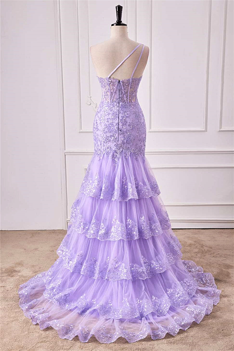 Lavender One Shoulder Sequined Mermaid Layers Gemmanovae Long Prom Dress with Slit